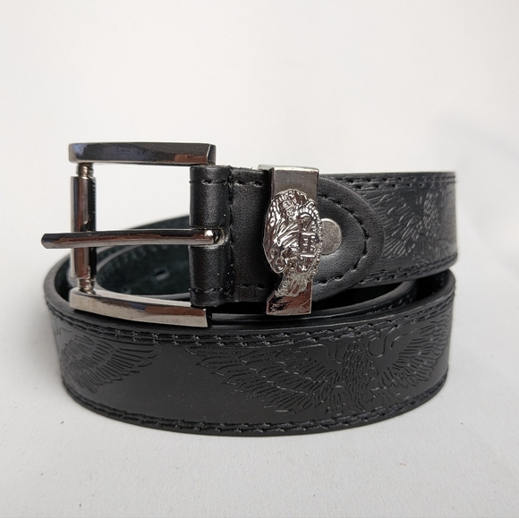 American Pride Black Leather Belt Size 44 With Eagles Pattern Bikercore - Picture 1 of 8